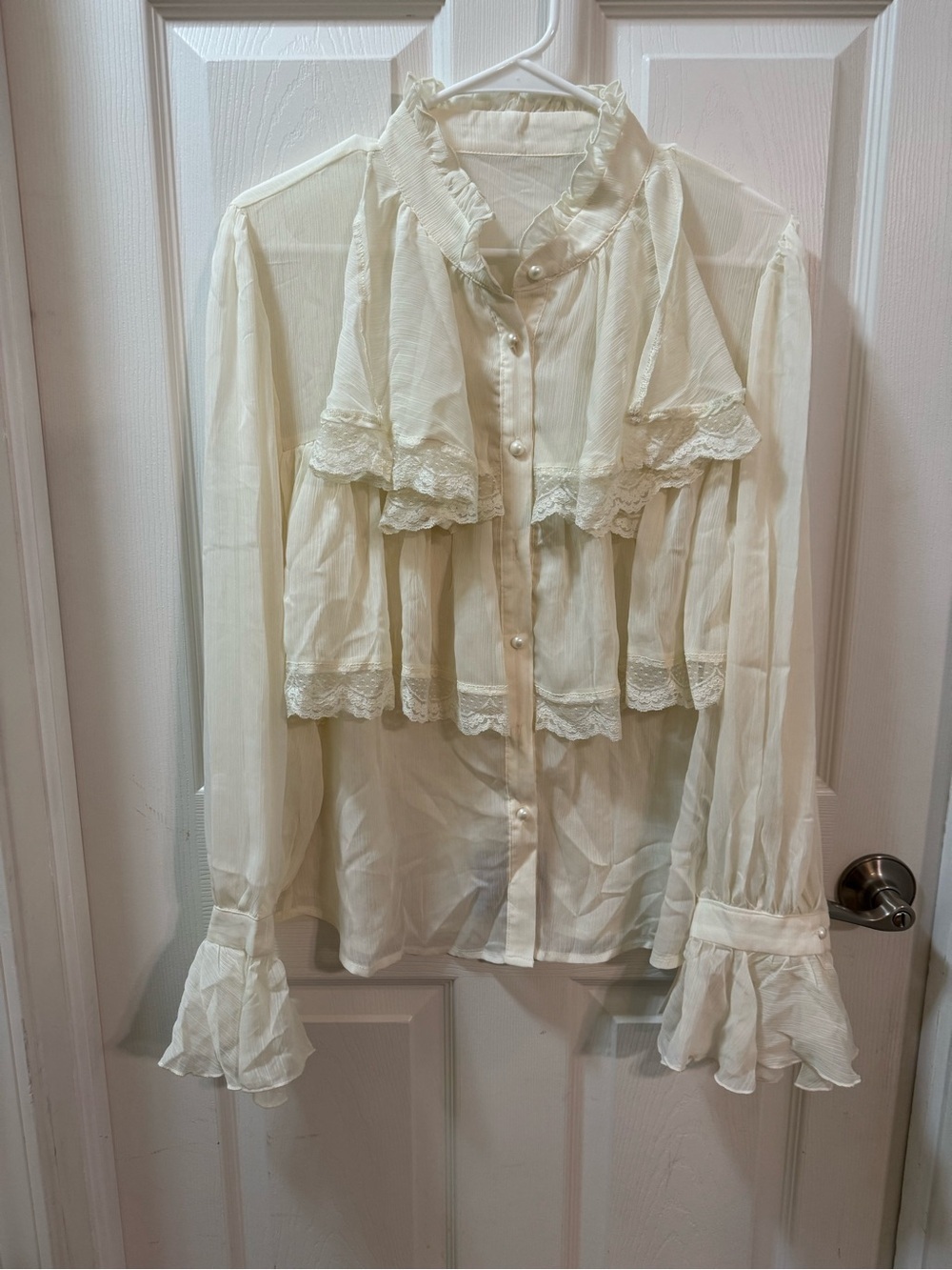 CIDER Chiffon High Neck Soild Lace Faux Pearl Long Sleeve Blouse L - Picture 7 of 12